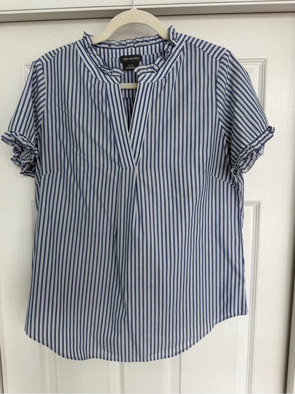 Van Heusen Navy & White Vertical Stripe Ruffle Sleeve Top